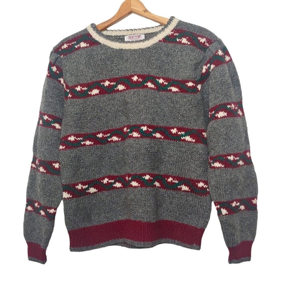 Vintage Skyr Womens Medium Sweater Wool Gray Striped Pullover Chunky Ski